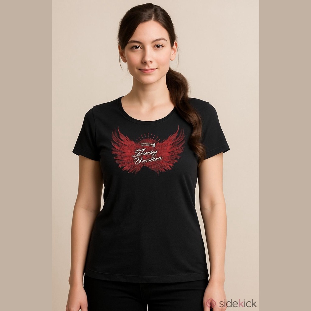 Women’s Harley-Davidson Short Sleeve Tee Shirt with Red Beads on Front, Size L.